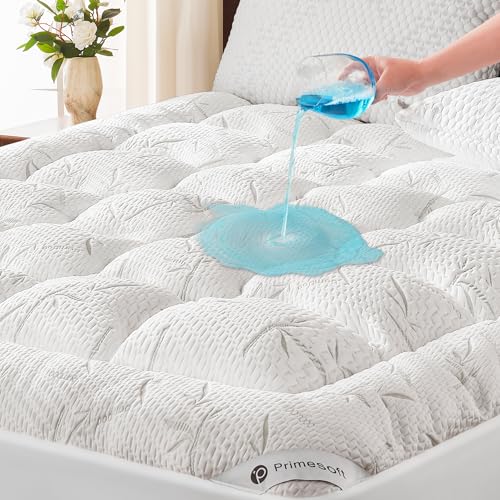 PRIMESOFT 100% Waterproof King Size Mattress Topper, Thick Pillow Top Mattress Pad，Up to 21 Inch Deep Pocket,Soft Breathable Mattress Pad for Back Pain, Protector Cover(White) Primesoft