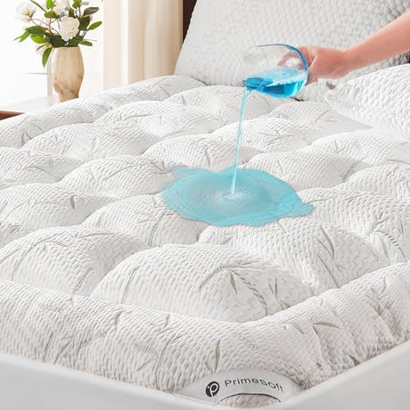 PRIMESOFT 100% Waterproof King Size Mattress Topper, Thick Pillow Top Mattress Pad，Up to 21 Inch Deep Pocket,Soft Breathable Mattress Pad for Back Pain, Protector Cover(White) Primesoft