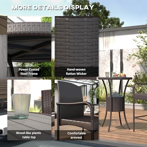 Outsunny 3 Pieces Rattan Wicker Bar Set with Ice Buckets, Patio Furniture with 1 Bar Table and 2 Bar Stools for Poolside, Backyard, Porches, Dark Brown Outsunny
