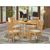 East West Furniture DLVA5-OAK-C 5 Piece Kitchen Table & Chairs Set Includes a Round Dining Room Table with Dropleaf and 4 Linen Fabric Upholstered Chairs, 42x42 Inch, Oak East West Furniture