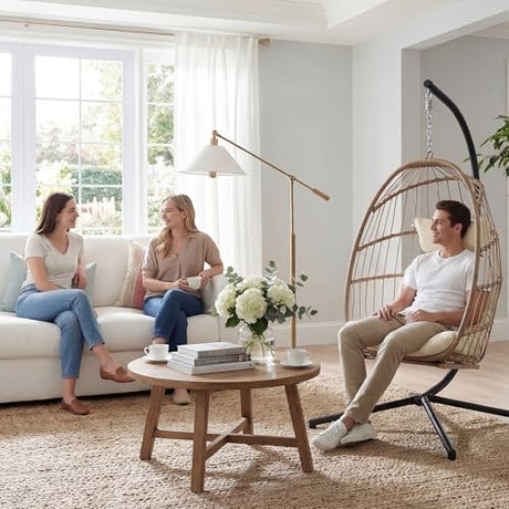 Yechen Hanging Egg Chair with Stand and Footrest for Indoor Outdoor, Foldable Wicker Rattan Patio Egg Swing Chairs Hammock Egg Chair with UV Resistant Cushion for Bedroom Porch, 350 Lbs Capacity Yechen