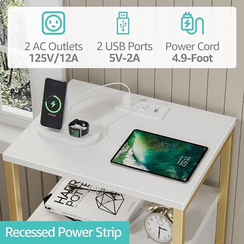 BOLUO Gold Nightstand with Charging Station, LED Night Stand with 2 Fabric Drawers, Bedside Table with USB Ports and Outlets, Nightstand for Bedroom Modern BOLUO
