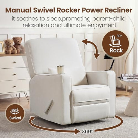 360° Swivel Rocker Recliner Chair with Adjustable Footrest, Rocking Chair Nursery with Phone Stand & Cup Holder,Manual Nursing Chair Glider Recliner Armchair for Adults, Living Room (Beige) FiveWillowise