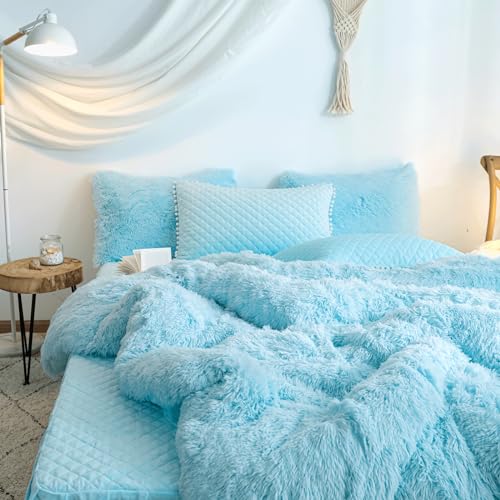 HAIHUA Blue Fluffy Comforter Cover Set - Faux Fur Light Blue Twin Bed Comforter Cover Set 1 Pieces (1 Plush Duvet Cover) Girls Bedding Sets, Solid Color (Blue, Twin) HAIHUA