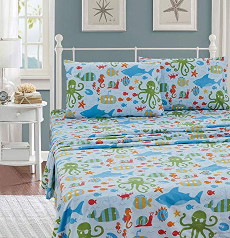 Sheet Set Sea Life Octopus Crabs Fishes Wheals Sharks Light Blue Green Red Orange New # Octopus (Twin) Kids Zone Home Linen