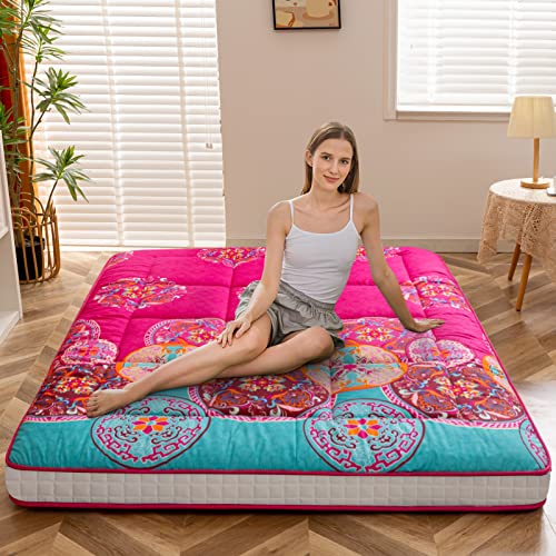 MAXYOYO Bohemian Style Futon Mattress, Padded Japanese Floor Mattress Quilted Bed Mattress Topper, Extra Thick Folding Sleeping Pad Breathable Floor Lounger Guest Bed for Camping Couch, Red, Queen MAXYOYO
