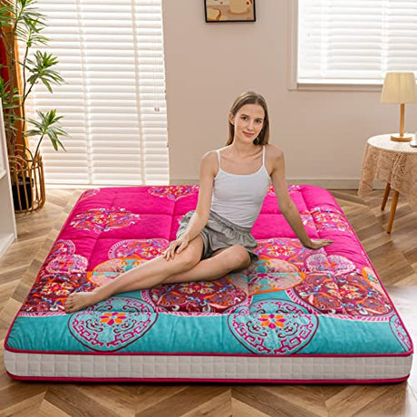MAXYOYO Bohemian Style Futon Mattress, Padded Japanese Floor Mattress Quilted Bed Mattress Topper, Extra Thick Folding Sleeping Pad Breathable Floor Lounger Guest Bed for Camping Couch, Red, Full MAXYOYO