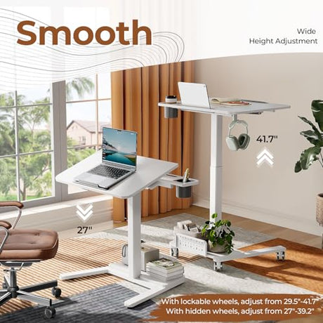 JYLH JOYSEEKER 28" Mobile Standing Desk, Height Adjustable Rolling Laptop Cart with 60° Tiltable Top & Storage Shelf, Stand up Desk on Wheels, Portable Workstation for Home Office, White JYLH JOYSEEKER