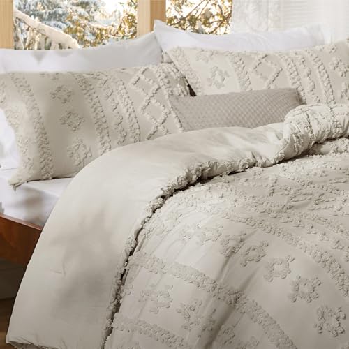 Bedsure Tufted Boho Comforter Set King Size - Linen Boho Bed Set, GentleSoft™ 3 Pieces Farmhouse Shabby Chic Embroidery Bedding, Gifts for Woman, Soft Jacquard King Comforter for All Seasons Bedsure