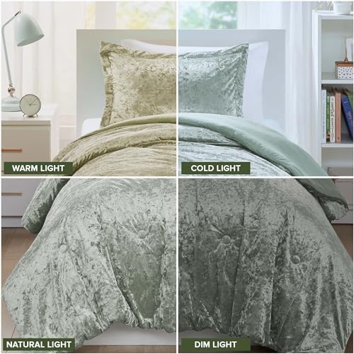 Comfort Spaces Luxe Velvet Comforter Set for Twin Size Bed, Microfiber Reverse, Juliette, All Season Bedding, Fluffy Bed Set, Sham, Sage Green 2 Piece Comfort Spaces