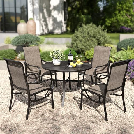 PHI VILLA Round Patio Dining Set for 4 Person, 42'' Round Metal Slat Table with Umbrella Holes and 4 High Back Fixed Chairs All Weather Outdoor Table and Chairs Set for Deck Garden Yard PHI VILLA