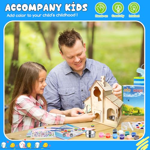 Crafts Bird Feeder, DIY Bird House Wood Craft Kit for Kids Ages 3-5 4-8 8-12,Build and Paint Wooden Bird House Feeder, DIY Wild Birdhouse Art Activities Crafts for Children Boys Girls Col-Pary