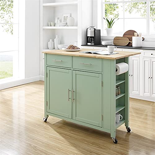 Pemberly Row Wood Drop Leaf Kitchen Island/Cart in Mint/Natural - WoodArtSupply