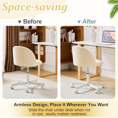 VINGLI Candy Chair Armless Cute Desk Chair,Comfy Small Office Chair with Wheels,Vanity Chair Lumbar Support,Teddy Adjustable Rolling Swivel Computer Task Chair for Home Office,Bedroom,Creamy Beige VINGLI