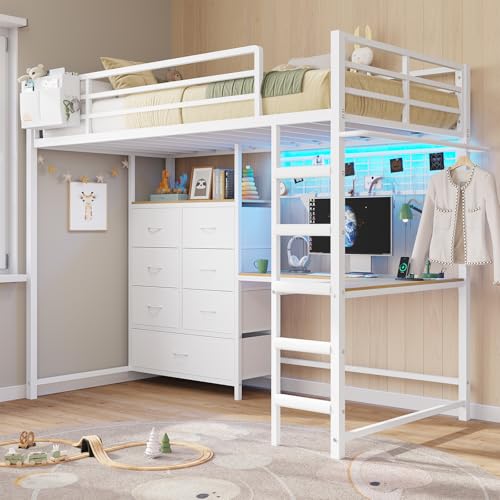 DICTAC Twin Size Loft Bed with L-Shaped Desk and 7 Storage Drawers,Metal Twin Loft Bed for Kids with LED Lights and Charging Station,13.11" H Safety Guardrail and Ladder,No Box Spring Needed, White DICTAC
