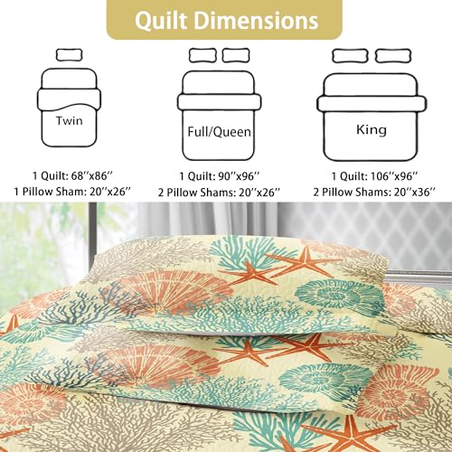 Tritard 3 Piece Coastal Quilt Sets Full/Queen Size - Reversible Microfiber Quilts with 2 Shams Soft Lightweight Beach Bedding Nautical Bedspread Coverlet Summer Comforter for All Season, 90''x96'', C4 Tritard