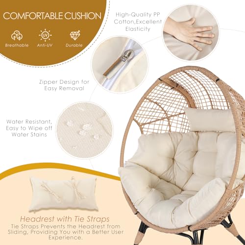 NICESOUL® Wicker Stationary Egg Chair Indoor Outdoor Egg Basket Lounge Chair Oversized Thick Cushions Egg Seat with Legs 440lbs Egg Nest Chair with Ottoman, Boho Rattan Chair for Patio Beige