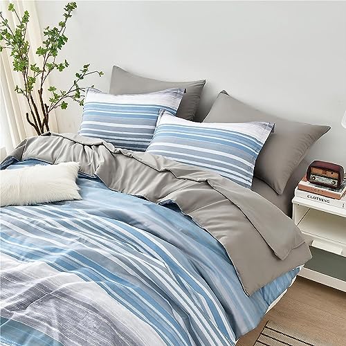 KAKIJUMN 5 Piece Bed in a Bag Stripe Comforter Set Twin Size, White Grey Blue Striped Comforter and Sheet Set, All Season Soft Microfiber Complete Bedding Set(Light Blue,Twin) KAKIJUMN