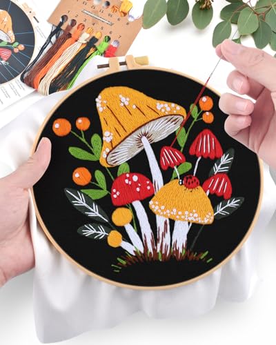 ERKOON Embroidery Kit for Beginners, Flower Cross Stitch Set for Include Embroidery Cloth Hoops Threads for Craft Lover Hand Stitch with Embroidery Skill Techniques (Mushroom) ERKOON