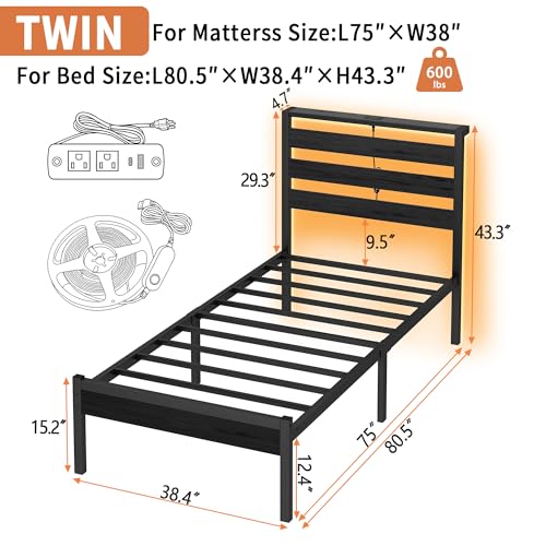 CLIBFENG Bed Frame Twin Size with USB Charging Station, LED Bed Frame with Wood Storage Headboard, Black Metal Platform Bed with Under Bed Storage, No Box Spring Needed, Noise Free CLIBFENG