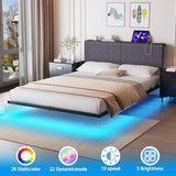 HOMERECOMMEND Floating Full Size Bed Frame,Full Bed Frame with Storage Headboard with Charging Station,Corduroy Upholstered Platform Bed with Smart LED Lights,No Box Spring Needed,Black+Dark Grey HOMERECOMMEND