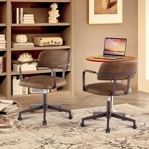 BERYTH Home Office Desk Chair, Mid-Century Style Desk Chair with Padded Arms, Adjustable Seat Height, Mid Back 360° Small Computer Chair with Mobile Mute Wheel, PU Leather (Brown) BERYTH
