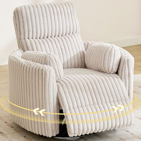 Power Swivel Glider Rocking Recliner Nursery Chair with 2 Pillows, Electric Rocker Reclining Chairs with Type-C & USB Charger Port for Living Room, High Back Barrel Armchair for Bedroom, Cream Comfort Stretch