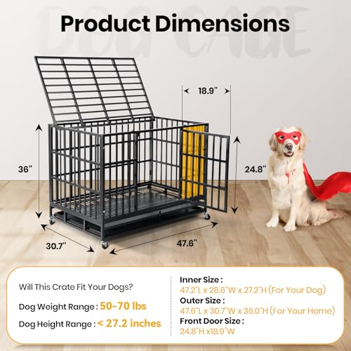 Oranland 48 inch Heavy Duty Indestructible Dog Crate,2025 New Upgraded Reinforced Baseplate for Large Dogs,XL Dog Crate for High Anxiety Dogs/Max Load Capacity 250lbs/Double Door with Wheels Oranland