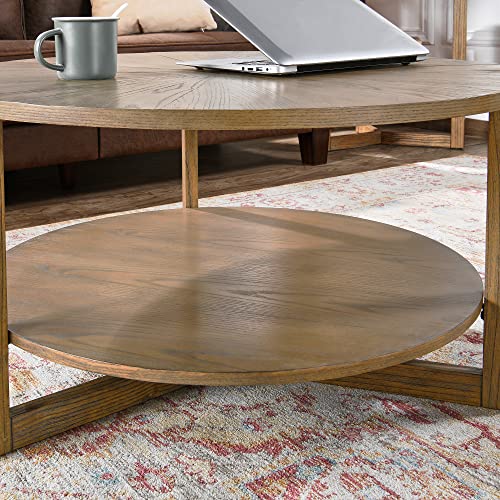LEEMTORIG Round Wooden Coffee Table Living Room, 2-Tier Circle Round Coffee Table with Storage, Farmhouse Solid Wood Coffee Table, Yellowish Brown, KFZ-3338 LEEMTORIG