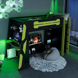 SOFTSEA Twin Gaming Loft Bed with Desk & RGB Lights, Wood Loft Bed Frame with Storage Shelves & Charging Station, Twin Size Gaming Bed for Teens & Kids Bedroom, Green SOFTSEA