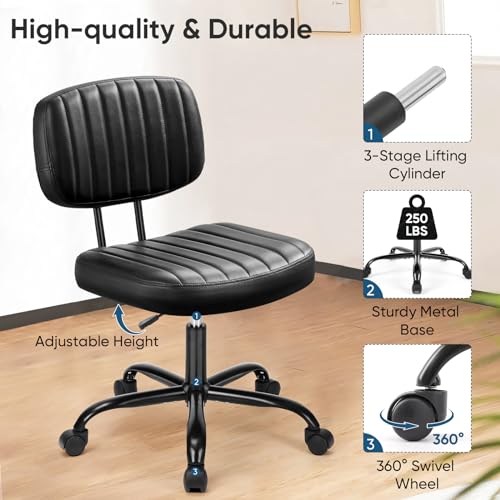 DUMOS Armless Office Desk Chair, Small Height Adjustable Computer Task Chair with Low Back Lumbar Support and 360° Swivel Rolling Wheels for Small Space, Kids and Adults, Dark Black DUMOS