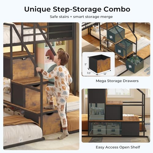 ADORNEVE Triple Bunk Bed with Storage Staircase, RGB Lights & Charging Station, Twin Over Twin, Heavy Duty Metal 3 Bunk Beds with Drawers & Headboard Shelf, Safety Guardrails, for Kids, Black ADORNEVE