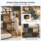 ADORNEVE Triple Bunk Bed with Storage Staircase, RGB Lights & Charging Station, Twin Over Twin, Heavy Duty Metal 3 Bunk Beds with Drawers & Headboard Shelf, Safety Guardrails, for Kids, Black ADORNEVE