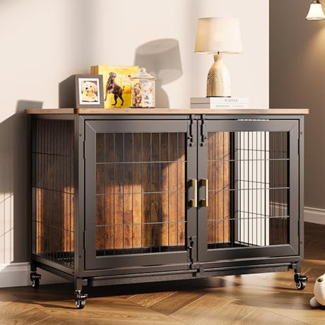 37.5 Inch Wooden Dog Crate with Wheels - Furniture Style Pet Kennel for Small to Medium Dogs Up to 66 Lbs - Multi-Purpose Removable Tray, Decorative Indoor Dog House, Sturdy & Stylish Design Hipicute