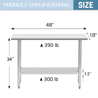 Hally Stainless Steel Table for Prep & Work 18 x 48 Inches, NSF Commercial Heavy Duty Table with Undershelf and Galvanized Legs for Restaurant, Home and Hotel - WoodArtSupply