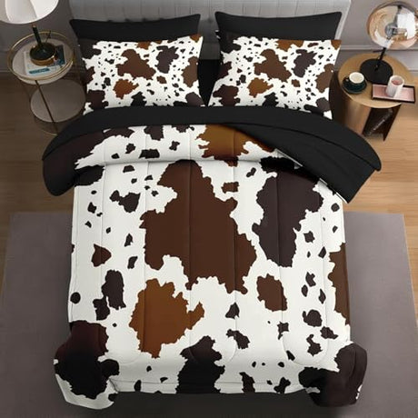WeCozy 7 Pcs Full Size Comforter Set with 2 Pillowcases & 2 Shams, Brown Cow Cowhide Print Bedding for Kids and Adults, Vintage Western Farmhouse Bed in a Bag with Flat Fitted Sheet WeCozy