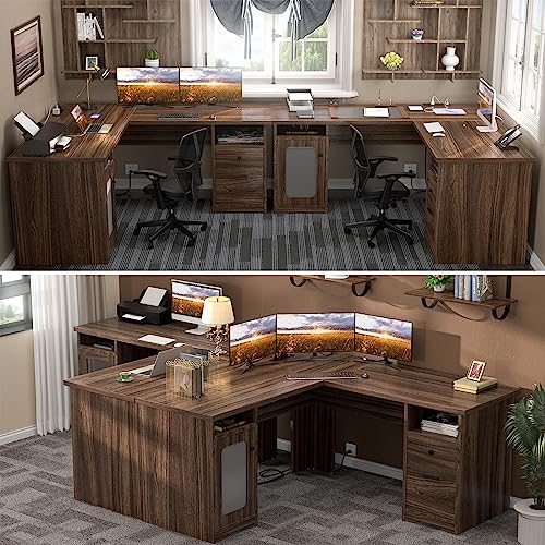 Unikito L Shaped Desk with File Cabinet, 60 Inch Large Office Desk with Power Outlets and USB Charging Ports, L Shape Computer Desk with Drawer, 2 Person Corner Executive Desk with Storage, R - WoodArtSupply