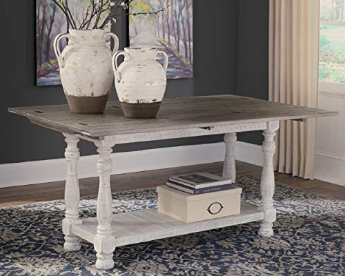 Signature Design by Ashley Havalance Farmhouse Sofa Table, Flip Top Design for Additional Dining Space and Fixed Lower Shelf, Gray & White with Weathered Finish Signature Design by Ashley