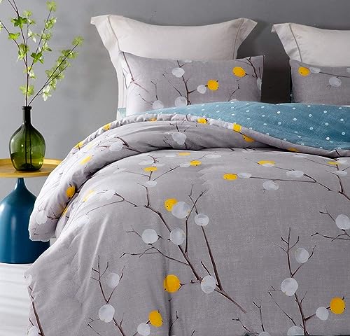 SLEEPBELLA Comforter Twin Size, 600 Thread Count Cotton Grey Branch with Yellow Turquoise Polka Dot Pattern Green Reversible Comforter Set,Down Alternative Bedding Set 2Pcs (Twin, Grey Branch) SLEEPBELLA
