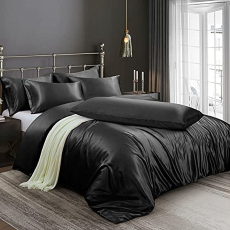 Ersmak 6 Pieces Satin Duvet Cover King Size Luxury Silky Bedding Duvet Cover Set with 1 Soft Duvet Cover, 4 King Pillowcases and 1 Body Pillowcase, Black Ersmak