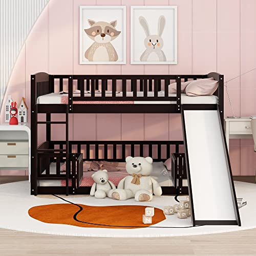 Merax Full Over Full Bunk Bed with Slide, Low Bunk Bed with Fence and Ladder, Solid Pine Wood Structure forBedroom, Espresso Merax