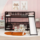 Merax Full Over Full Bunk Bed with Slide, Low Bunk Bed with Fence and Ladder, Solid Pine Wood Structure forBedroom, Espresso Merax