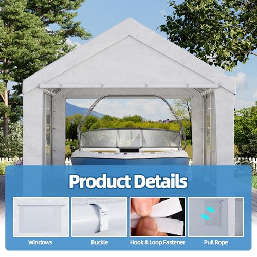 Bezseller 12x20 FT Heavy Duty Carport Canopy with Roll-Up Windows & Doors, Car Tent Portable Garage with All-Season Tarp for Cars, Boat, Trucks, White Bezseller