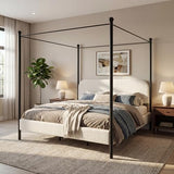 Merax King Size Canopy Bed with Upholstered Headboard, Modern Platform Bed Frame with Iron Legs, No Box Spring Needed