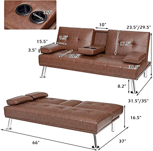 ARLIME Convertible Futon Sofa Bed, Faux Leather Sofa Sleeper W/Adjustable Backrest, Folding Cup Holder, Removable Armrests, Steel Leg, Modern Style Sofa Bed for Livingroom, Office, Apartment (Brown) ARLIME
