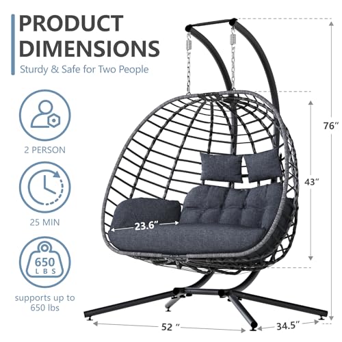 SWITTE Double Egg Swing Chair with Stand, Outdoor Patio 2 Person Hanging Wicker Hammock Chairs with Cushion for Indoor Bedroom, Lawn, Garden-Dark Grey SWITTE