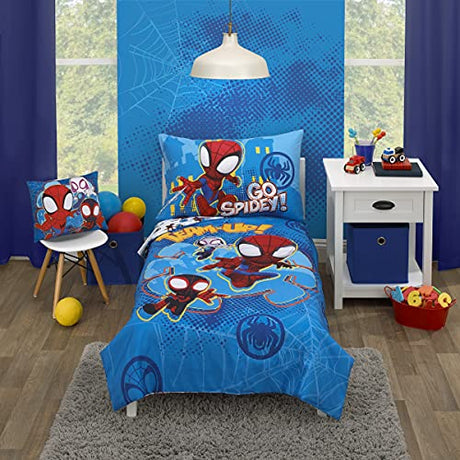 Disney Marvel Spidey and his Amazing Friends Spidey Team Red, White, and Blue 4 Piece Toddler Bed Set - Comforter, Fitted Bottom Sheet, Flat Top Sheet, and Reversible Pillowcase Disney