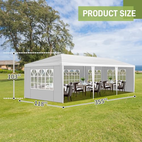 Linkhoo 10x30 FT Outdoor Canopy Party Tent with 5 Removable Sidewalls, Large Waterproof Wedding Tents w/Ground Nails & Windproof Ropes, Outside Gazebo Pavilion Event Shelter for Garden Patio, White LINKHOO