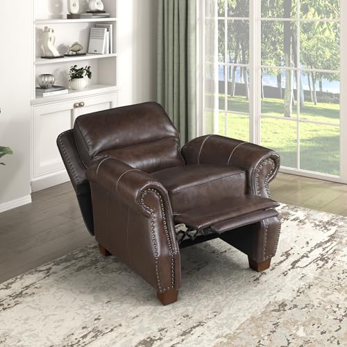 Lexicon Push Back Reclining Chair, Top Grain Leather Match Push Back Recliner Chair with Nailhead Trim, Rolled Arms, Solid Wood Legs, for Living Room/Apartment/Office, Easy Assembly, Brown