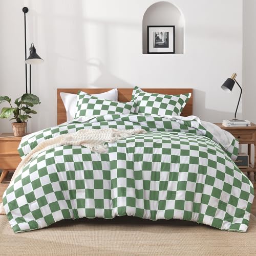 Andency Green Checkered Comforter Full(79x90Inch), Plaid Gingham Buffalo Grid Bedding Comforter Sets for Boys Kids Teens, 3 Pieces Lightweight Microfiber Geometric Preppy Bed Set Andency